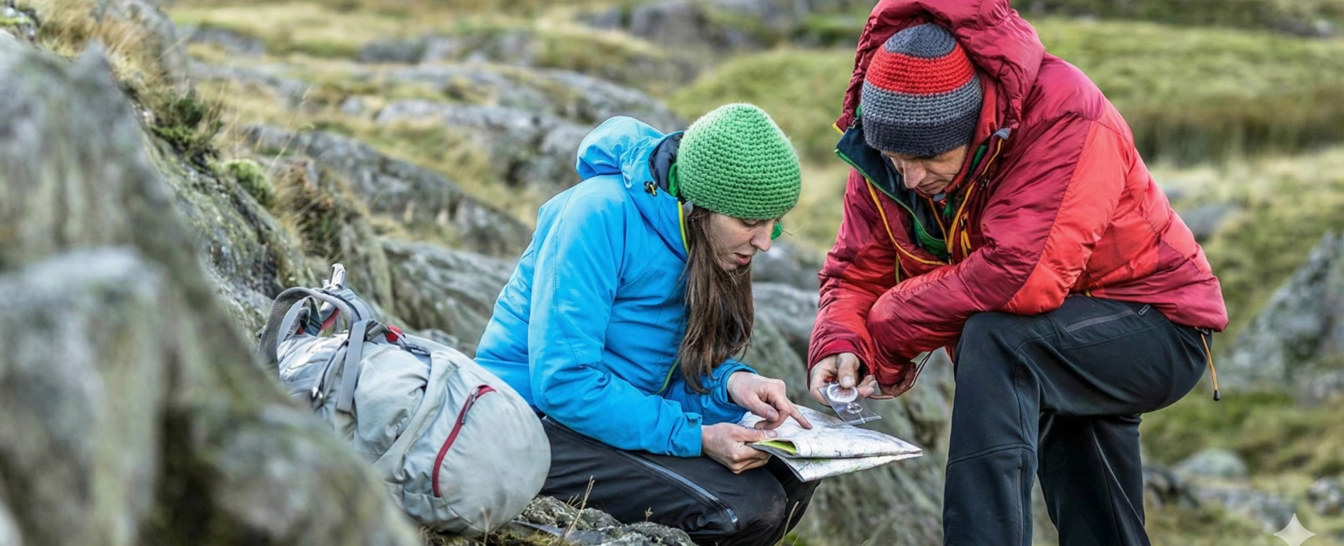Wanderer nutzen Karte & Kompass
